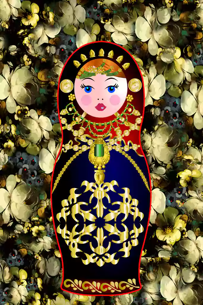 Textile print featuring Russian Matryoshka doll with Middle Eastern jewelry design.